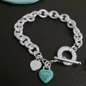 Tiffany & Co Genderless Blue Heart Ring Clasp Silver-tone Bracelet